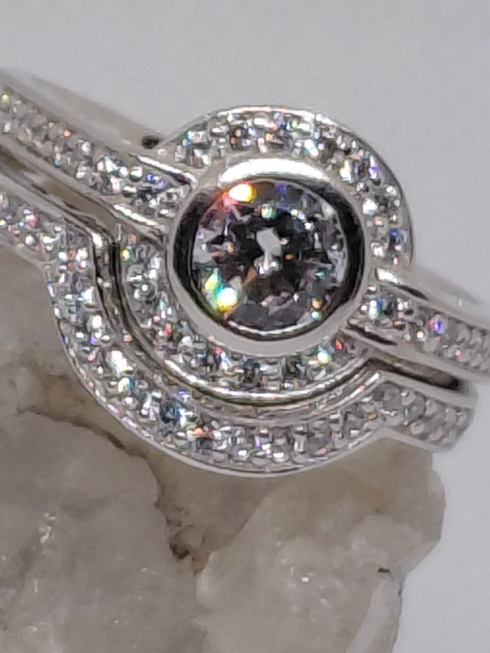 Sterling Silver Travel Bridal Set - Bezel Solitaire & Halo Ring Jacket - Size 9 - Picture 3 of 10